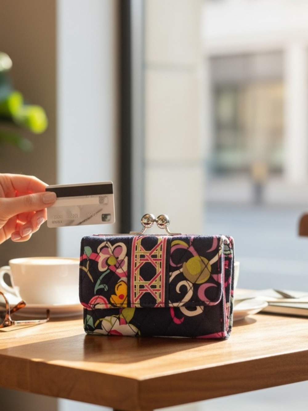 Vera Bradley kiss lock bifold wallet in a fun flower print with pink interior